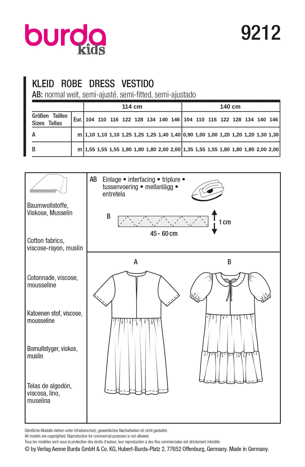 Patron Burda 9212 - Robe enfant