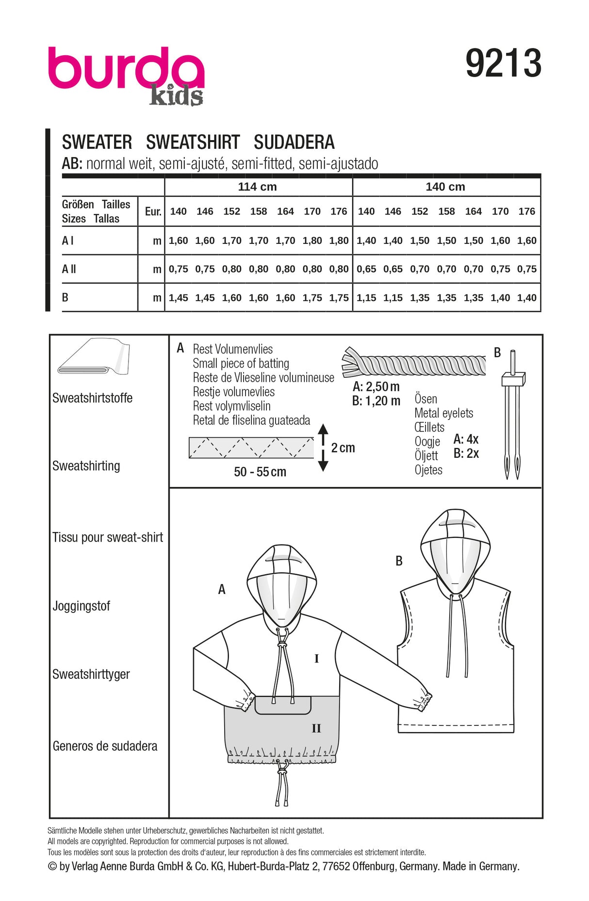Patron Burda 9213 - Sweat à capuche enfant