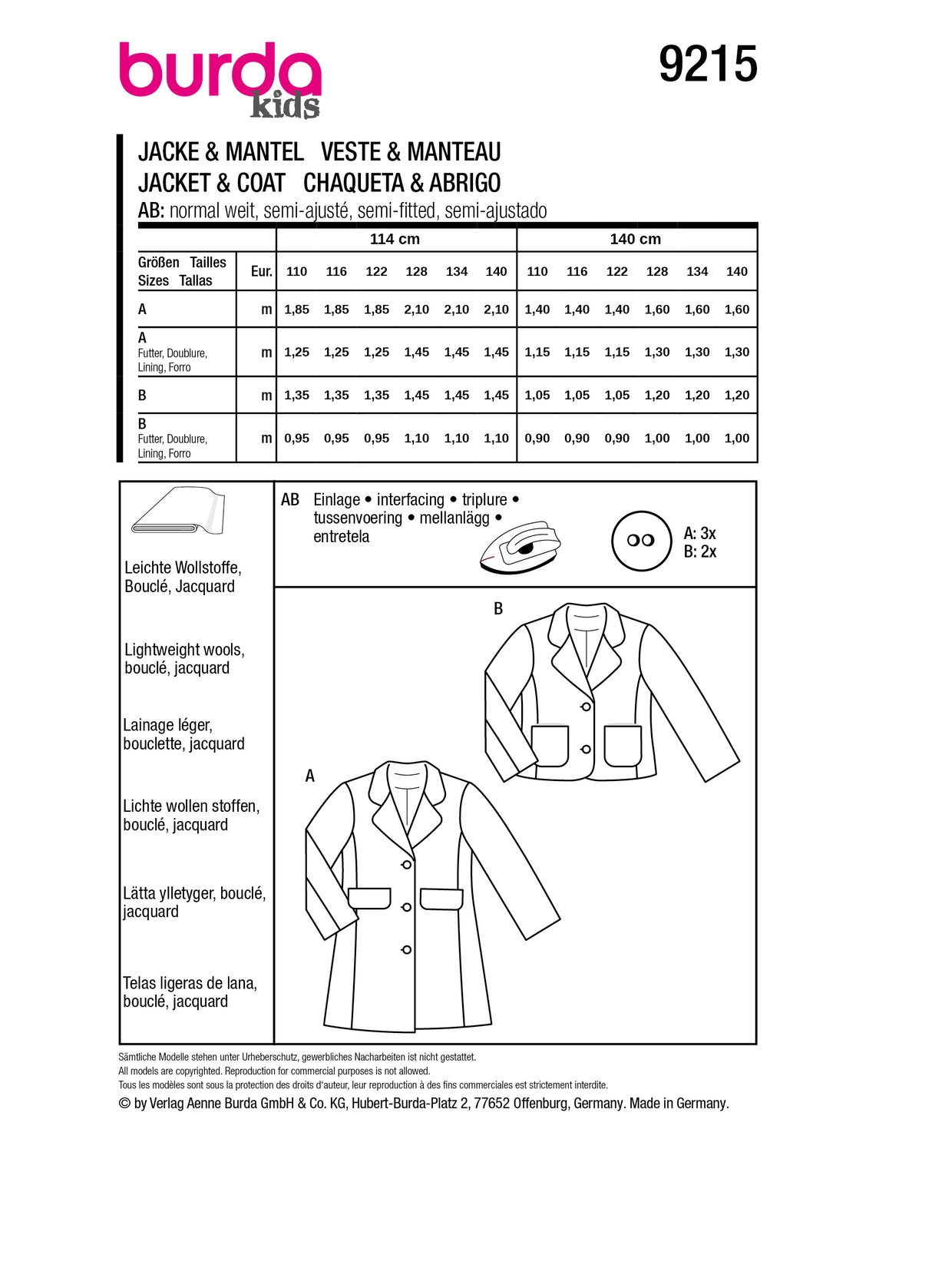 Patron Burda n°9215 - Manteau et veste pour enfants