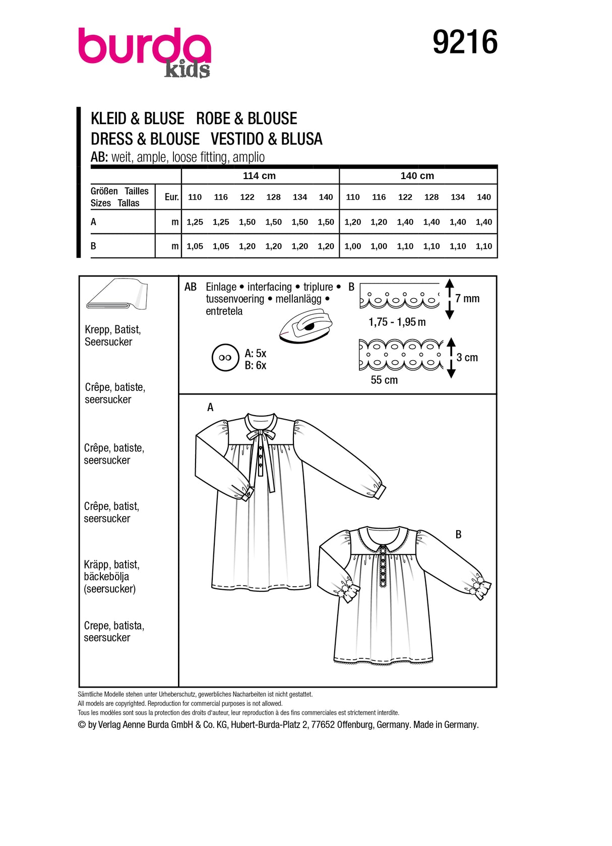 Patron Burda n°9216 - Robe et blouse pour enfants
