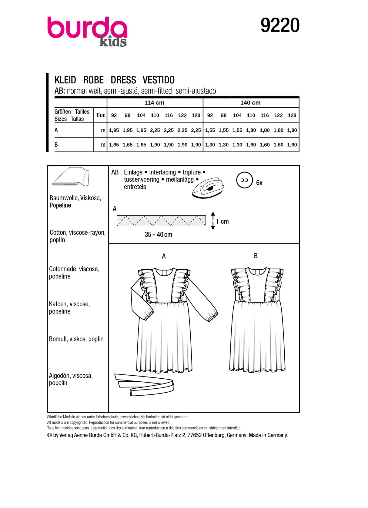 Patron Burda n°9220 - Robe pour enfants