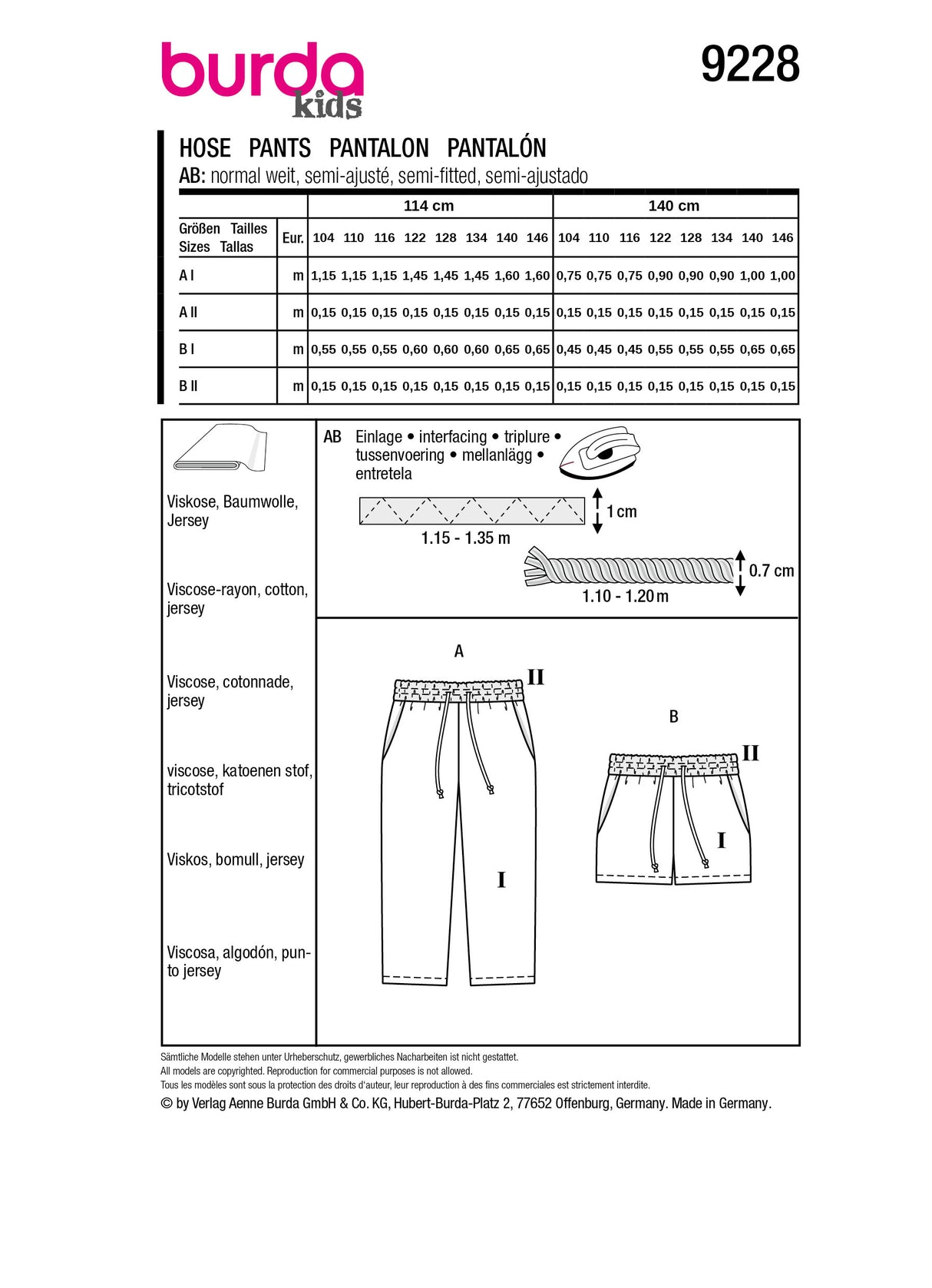 Patron Burda n°9228 - Pantalon et short pour enfants