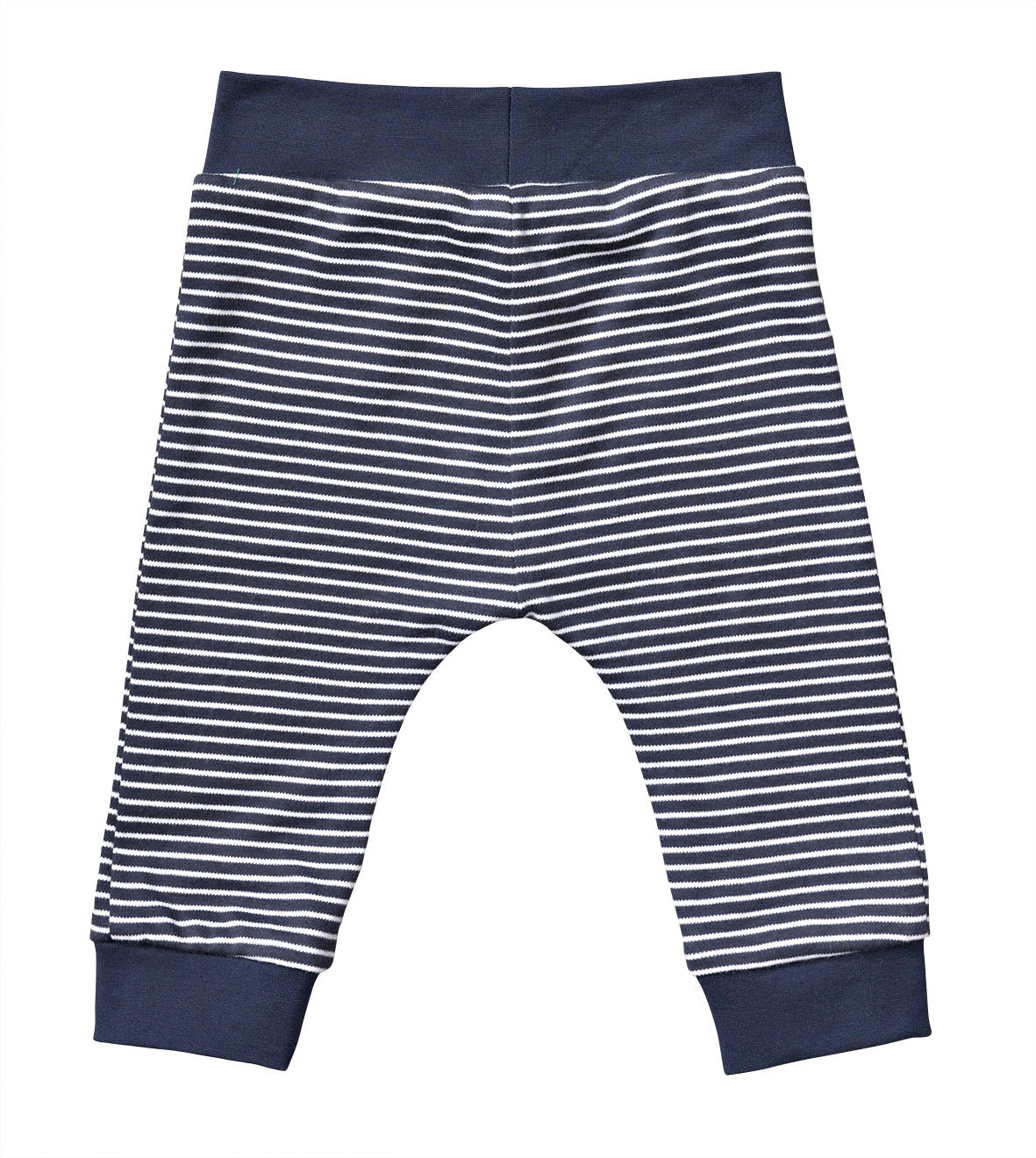 Pantalon harem pour bébé à rayures bleu marine et blanc, bas et taille côtelés.