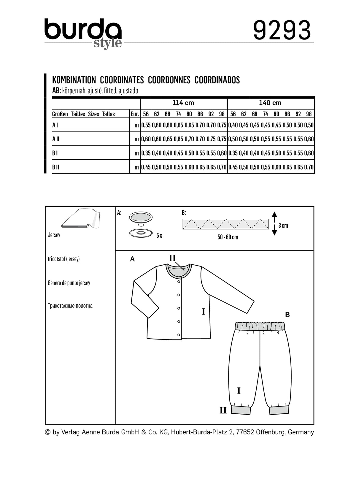 Patron Burda n°9293 - Ensemble bébé : veste et pantalon réversibles