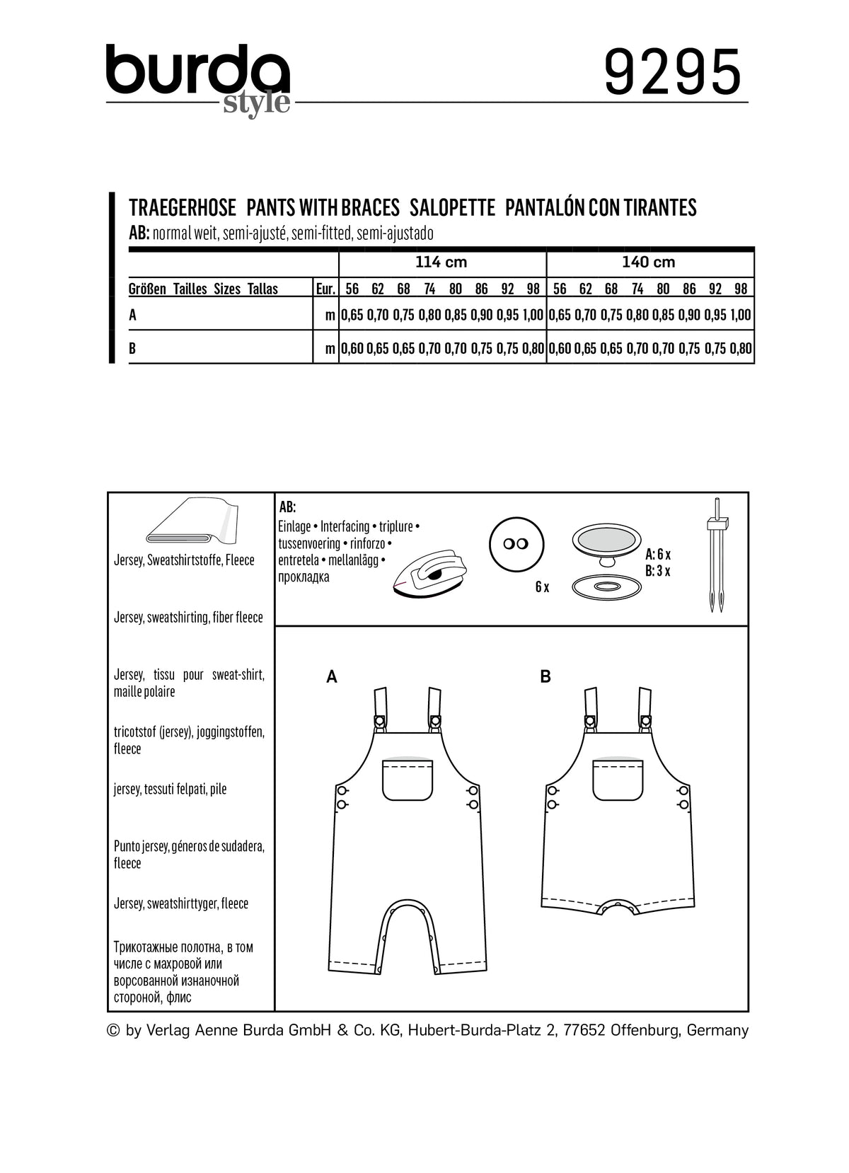 Patron Burda n°9295 - Salopette pour bébé