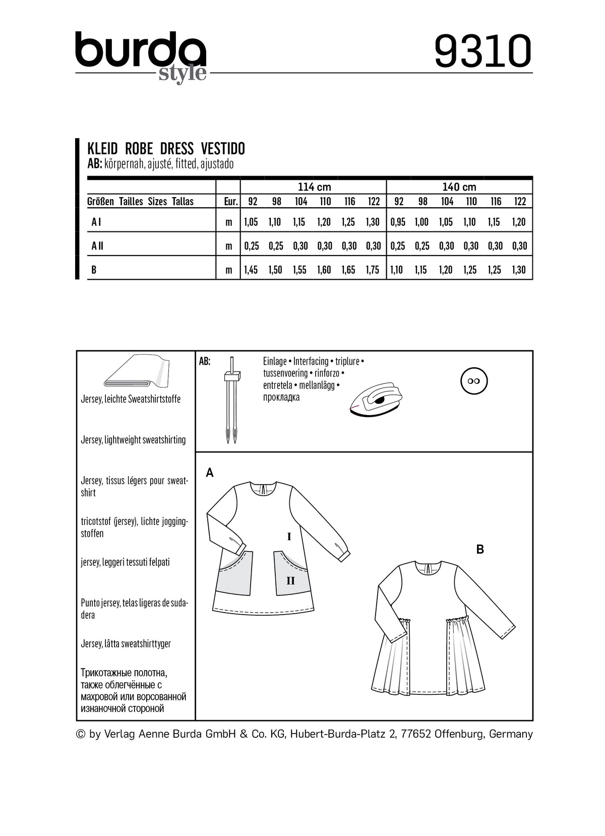 Patron Burda n°9310 - Robe avec poches
