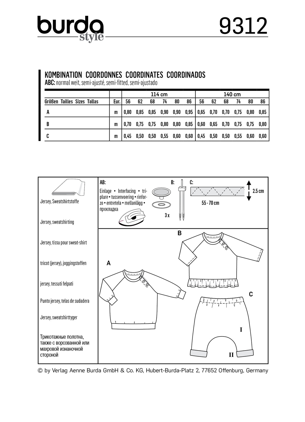 Patron Burda n°9312 - Ensemble haut et pantalon pour bébé