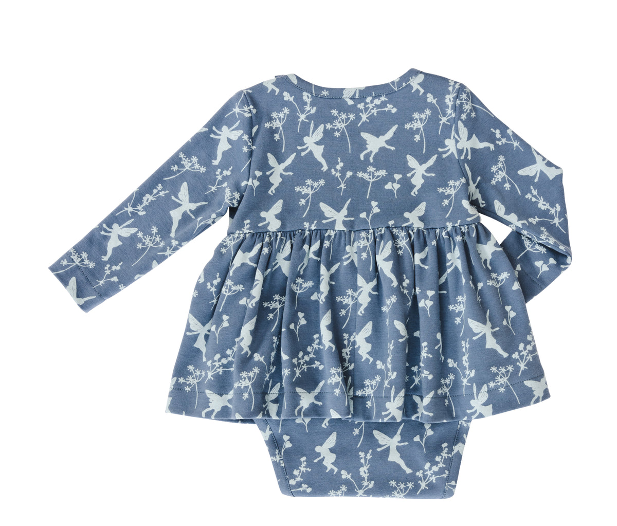 Body bleu à manches longues avec imprimé oiseaux blancs et volants, robe froncée sur le dessus et démarcation fluide sur le