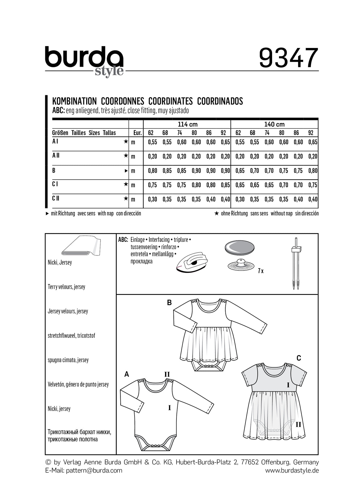 Diagramme de patron Burda 9347 avec tableaux de mesures et schémas de vêtements pour bébés et enfants; 3 modèles illustrés.