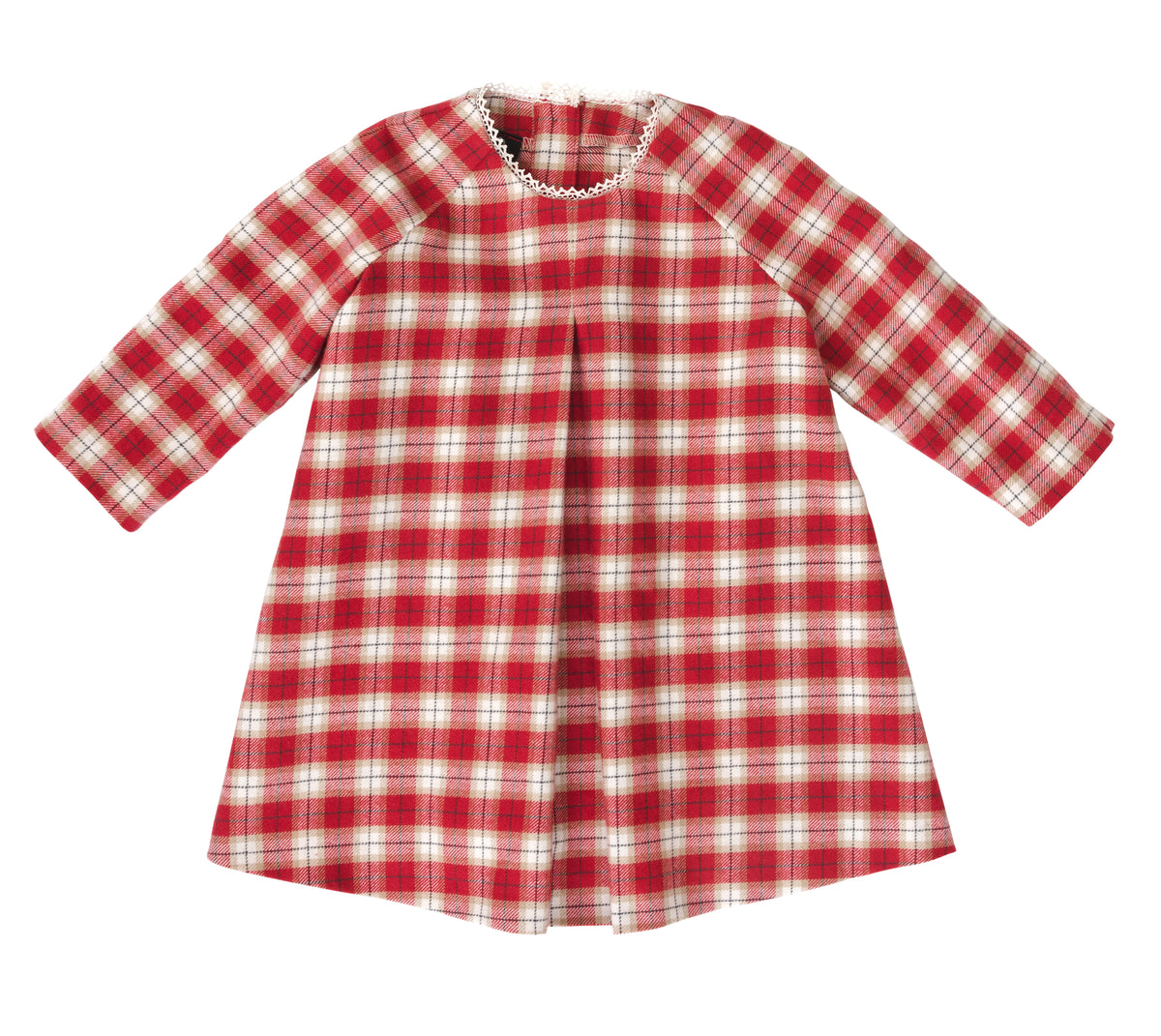 Manteau/tunique en molleton à carreaux rouge et blanc, manches longues, col rond avec bordure fine blanche.