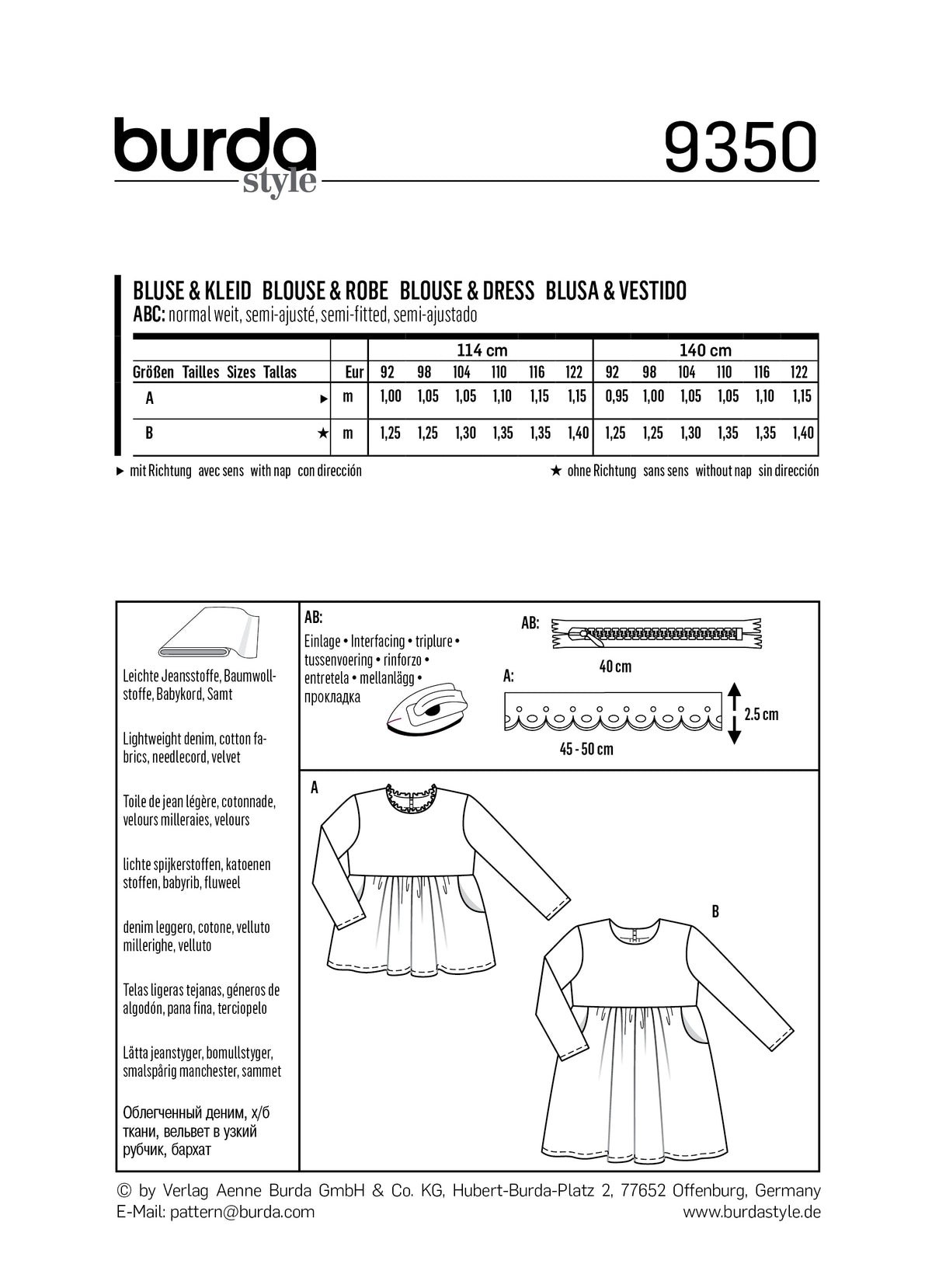 Patron Burda n°9350 – Blouse et robe pour enfant