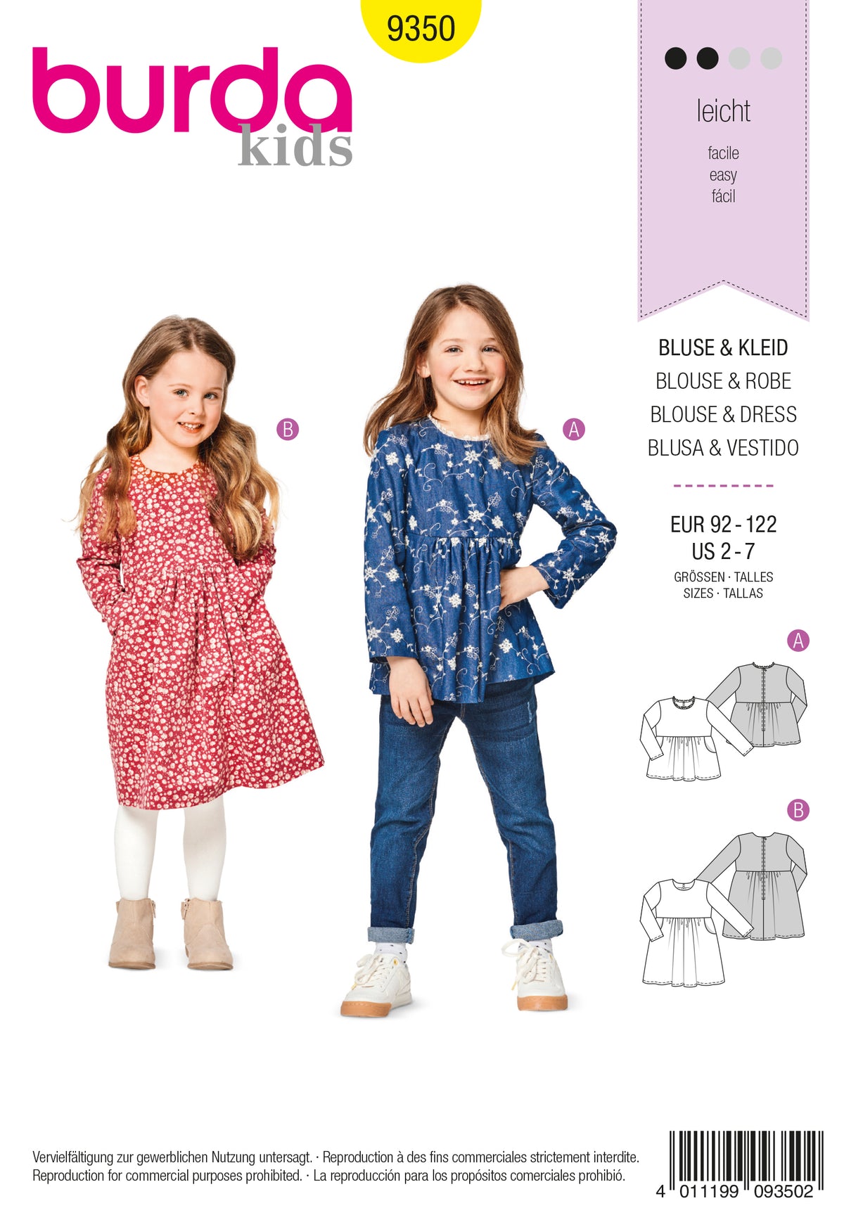 Blouses et robes Burda Kids pour filles, deux modèles floraux: rouge et bleu, avec jeans et bottes. alt text.