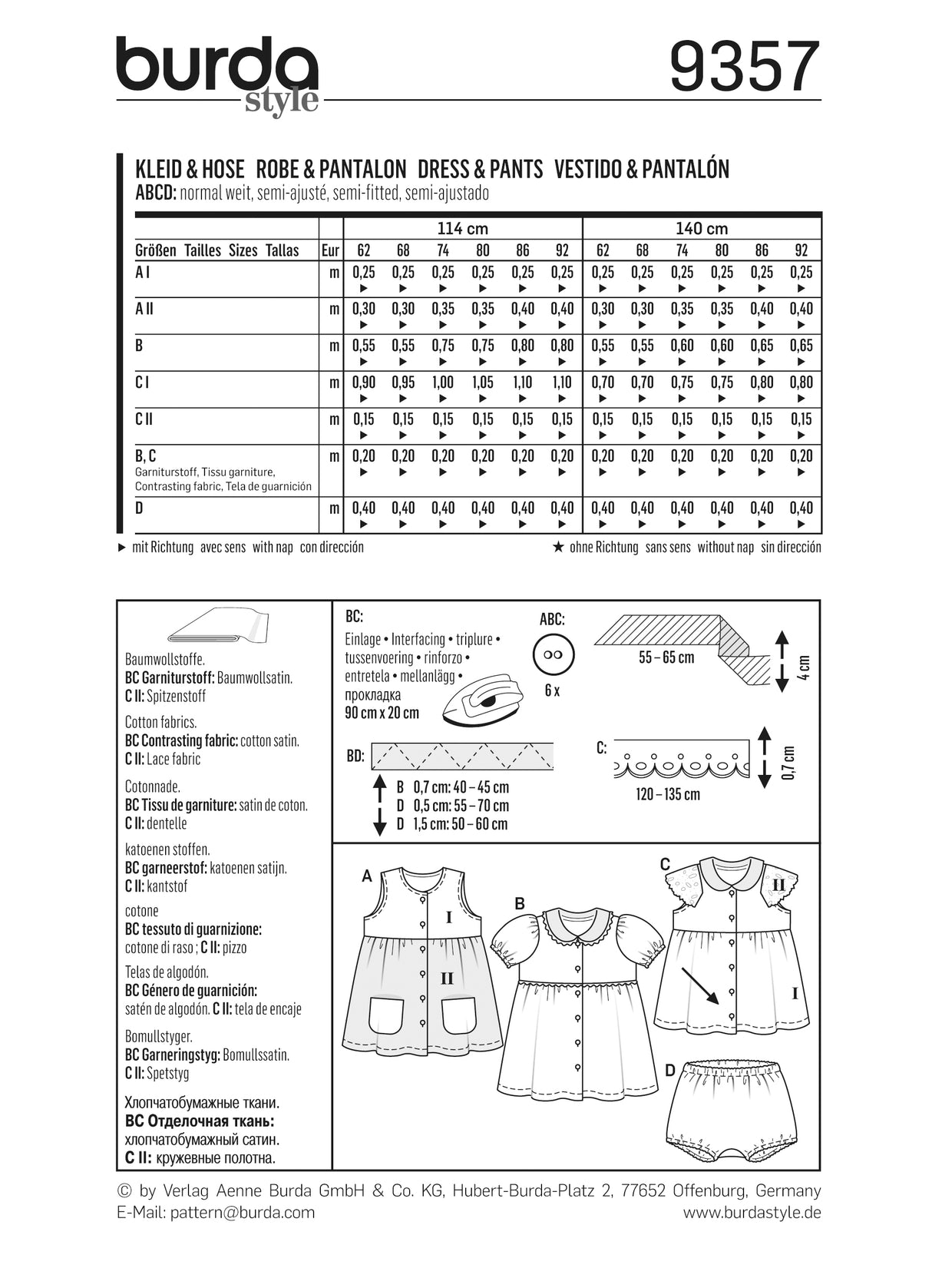Patron Burda n°9357 – Robe et pantalon pour enfant