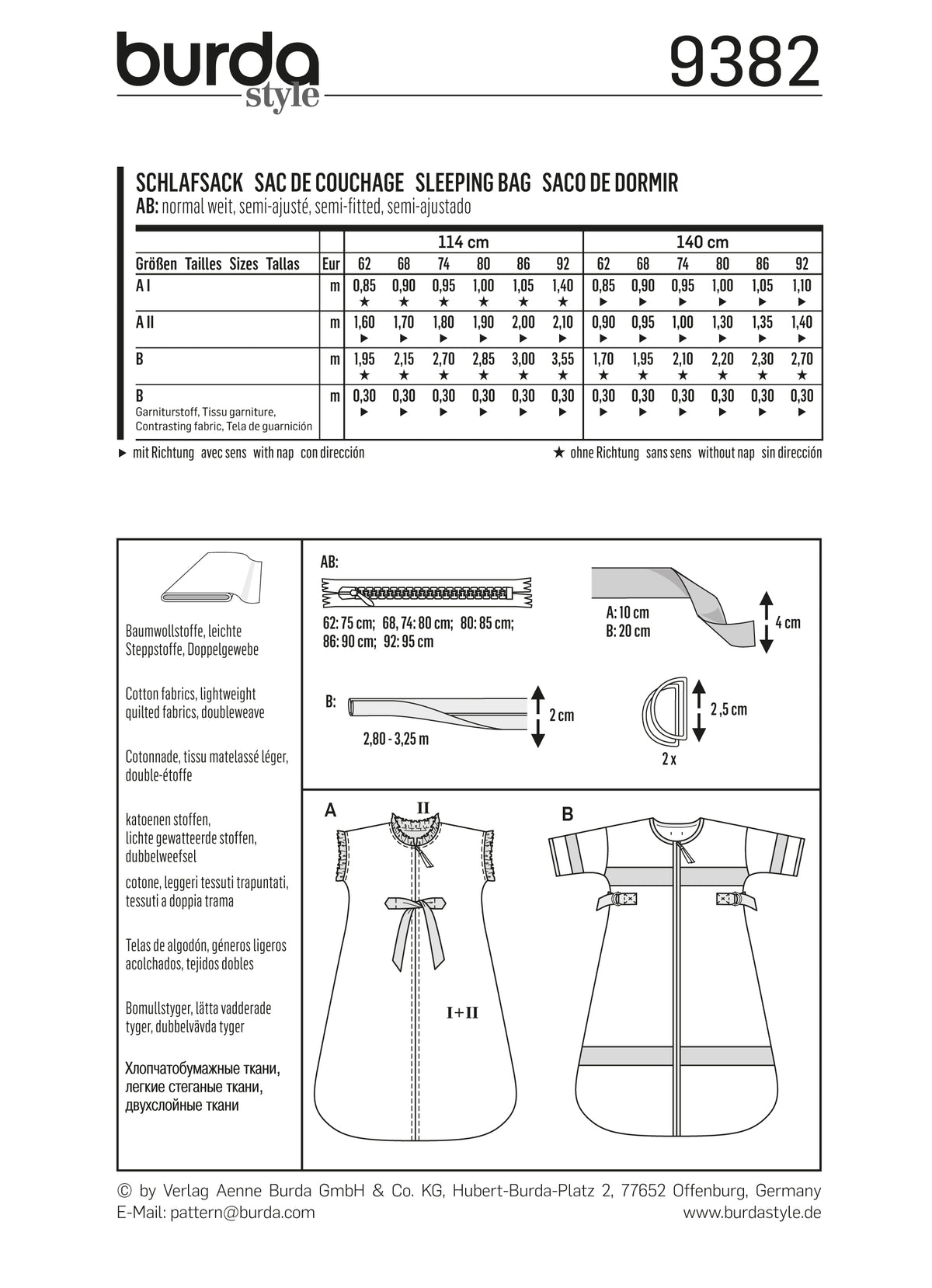 Burda style guide d’un sac de couchage et d’un vêtement de nuit, diagrammes techniques et indications de mesures.