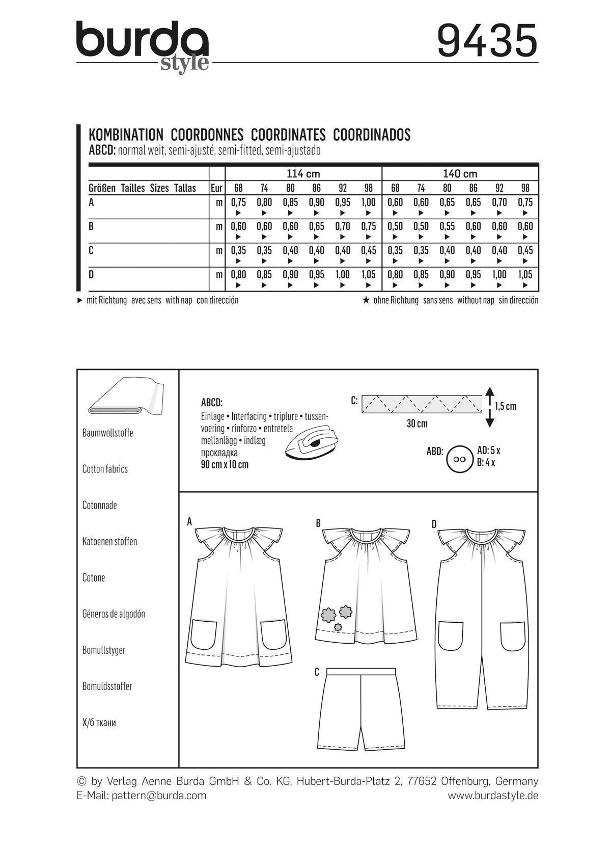 Diagramme technique Burda montrant tableau de tailles et schémas de vêtements: robe/chemise et short, dimensions et motifs.