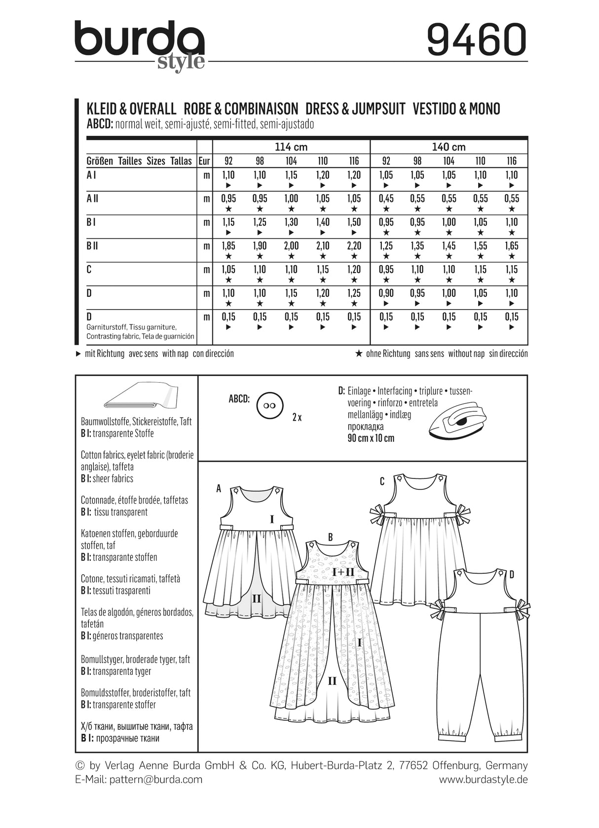 Patron Burda n°9460 – Robe et combinaison pour enfants