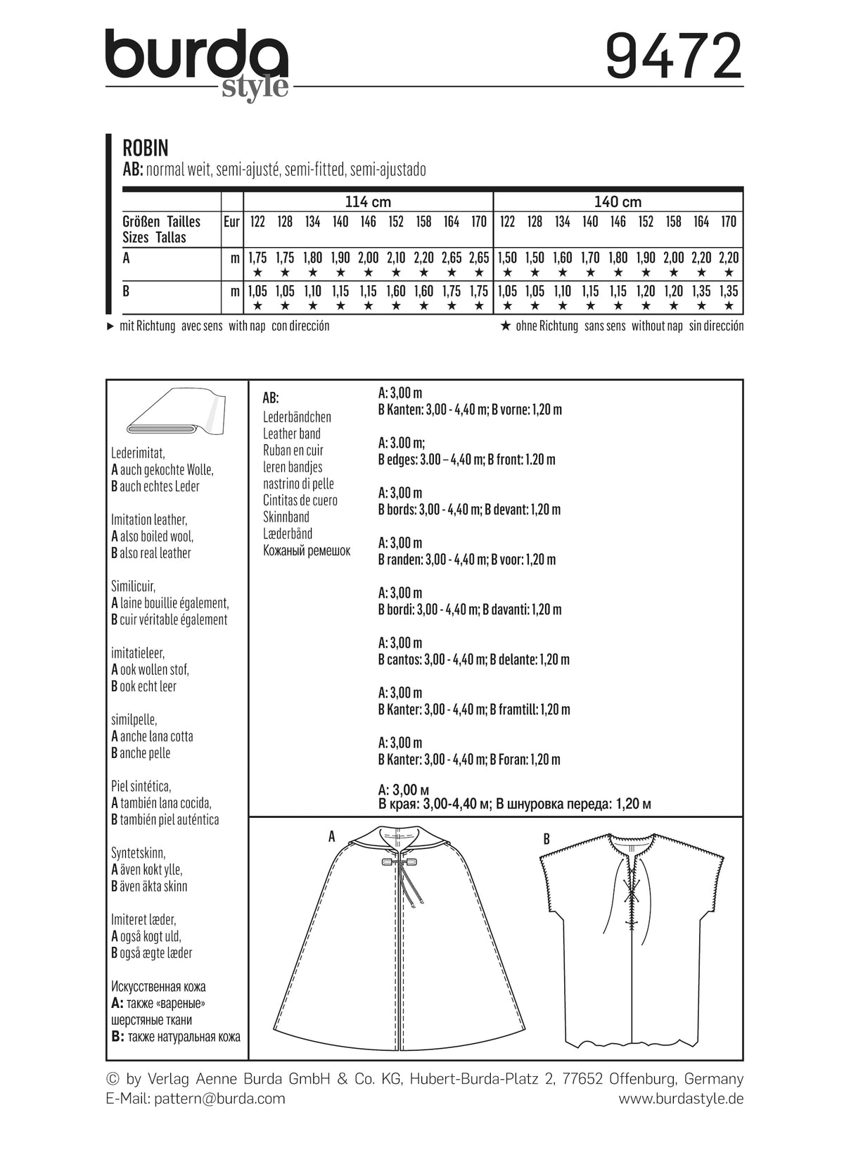 Patron Burda n°9472 - Déguisement Robin des Bois