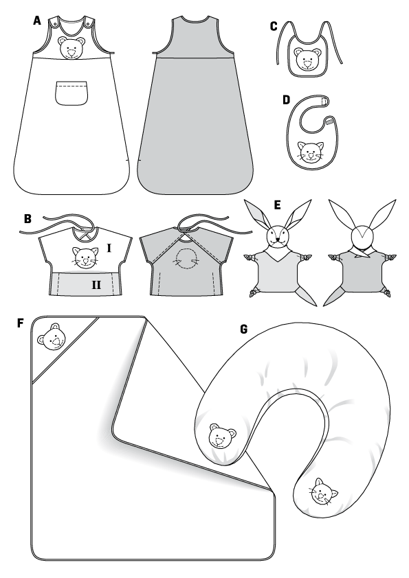 Kit de vêtements et d’accessoires pour bébé: robes, bavoir, bavoir, porte-bébé et carnet assortis avec motif ours et lapin.