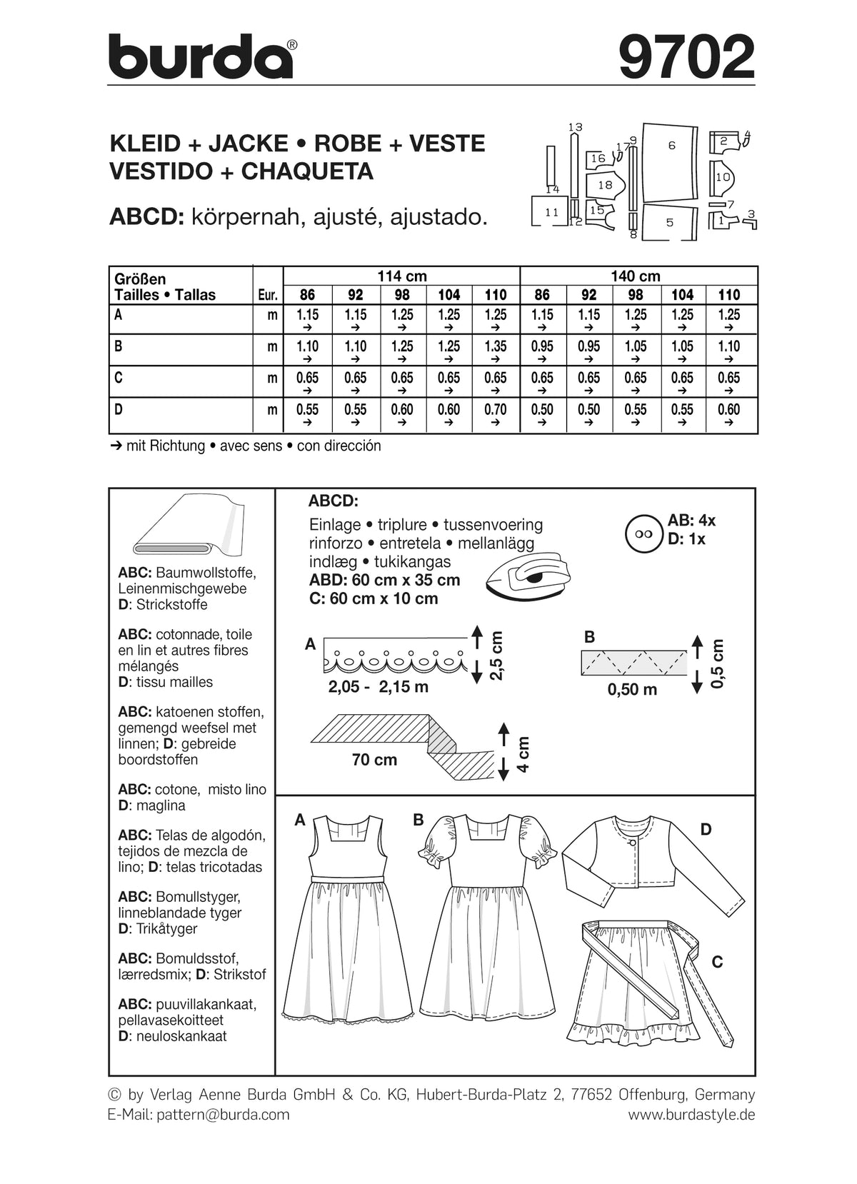 Illustration d’un motif Burda n°9702 pour KLEID, JACKe, ROBE et Veste avec tableau de tailles et schémas de pièces et mesures.