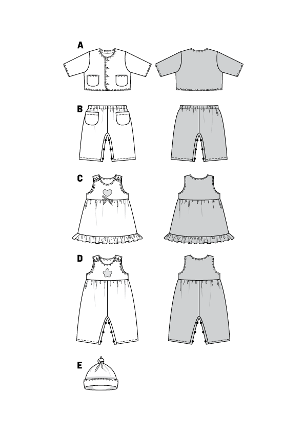 Tenues enfant sous forme de patrons de vêtements sur fond noir, imprimés en noir et blanc et gris.