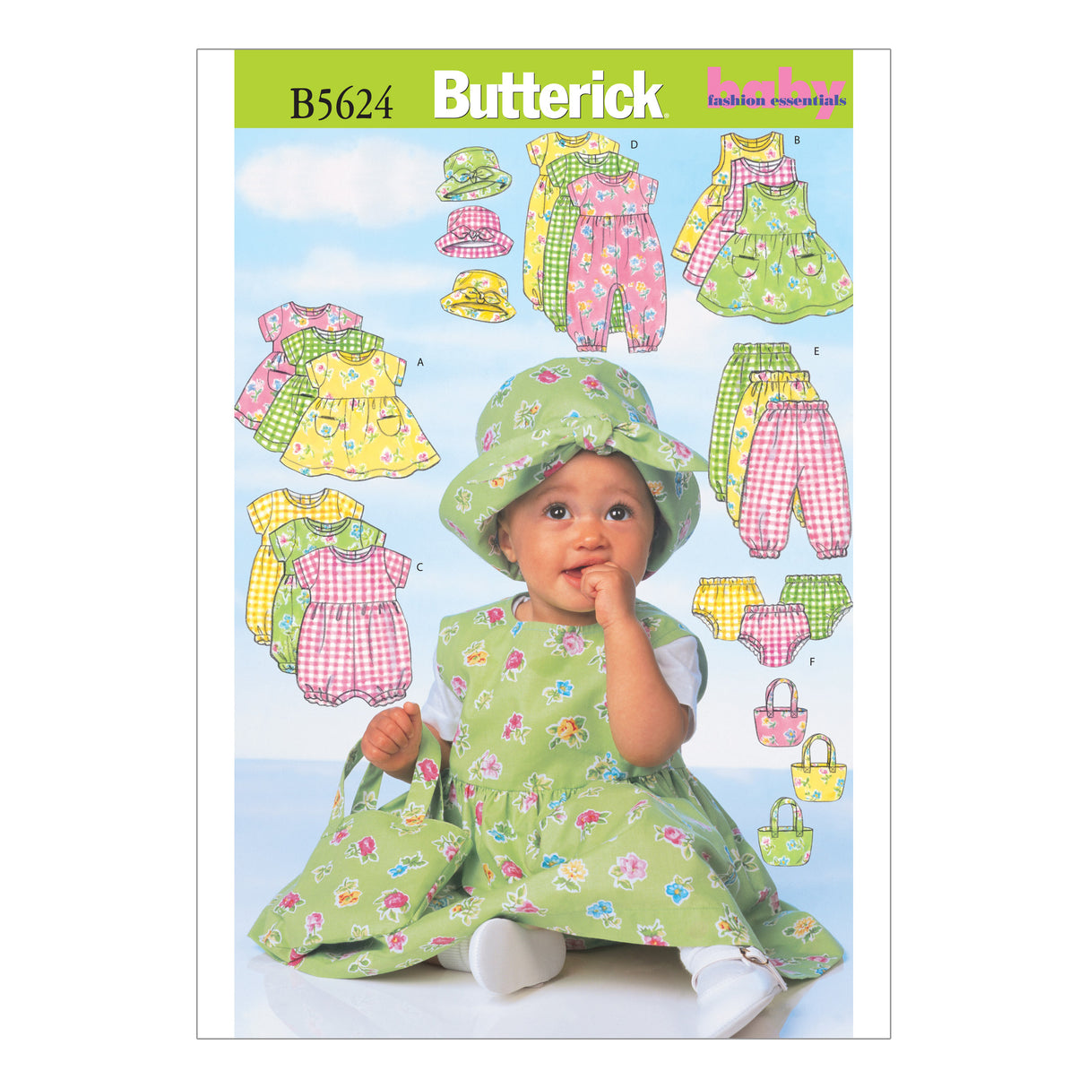Patron Butterick n°5624 – Ensemble complet pour bébé : robe, chasuble, barboteuse, combinaison, culotte, pantalon, chapeau et sac