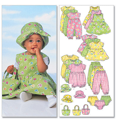 Patron Butterick n°5624 – Ensemble complet pour bébé : robe, chasuble, barboteuse, combinaison, culotte, pantalon, chapeau et sac