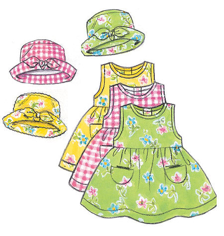 Patron Butterick n°5624 – Ensemble complet pour bébé : robe, chasuble, barboteuse, combinaison, culotte, pantalon, chapeau et sac