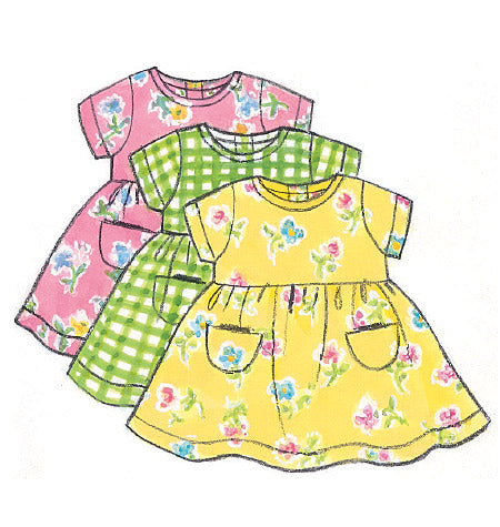 Patron Butterick n°5624 – Ensemble complet pour bébé : robe, chasuble, barboteuse, combinaison, culotte, pantalon, chapeau et sac