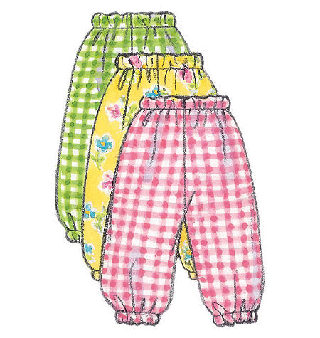 Patron Butterick n°5624 – Ensemble complet pour bébé : robe, chasuble, barboteuse, combinaison, culotte, pantalon, chapeau et sac