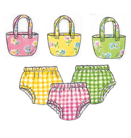 Patron Butterick n°5624 – Ensemble complet pour bébé : robe, chasuble, barboteuse, combinaison, culotte, pantalon, chapeau et sac