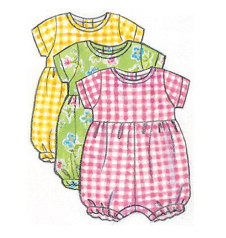 Patron Butterick n°5624 – Ensemble complet pour bébé : robe, chasuble, barboteuse, combinaison, culotte, pantalon, chapeau et sac
