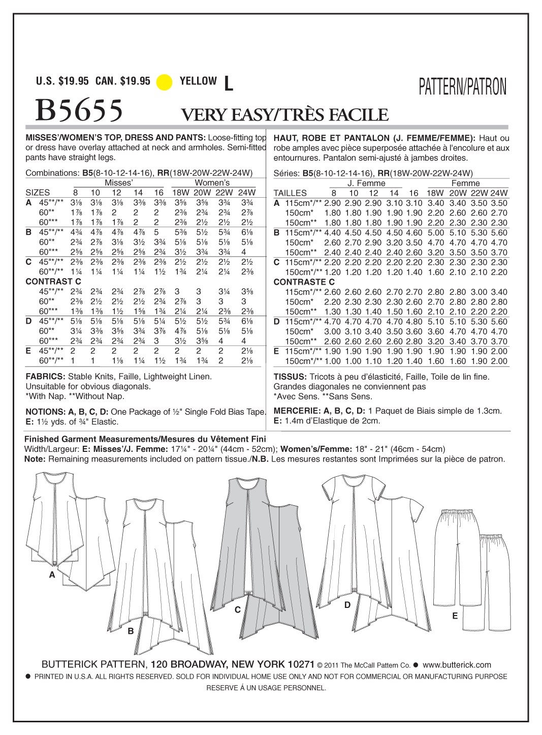 Patron Butterick n°5655 – Haut, robe et pantalon élégants pour femme