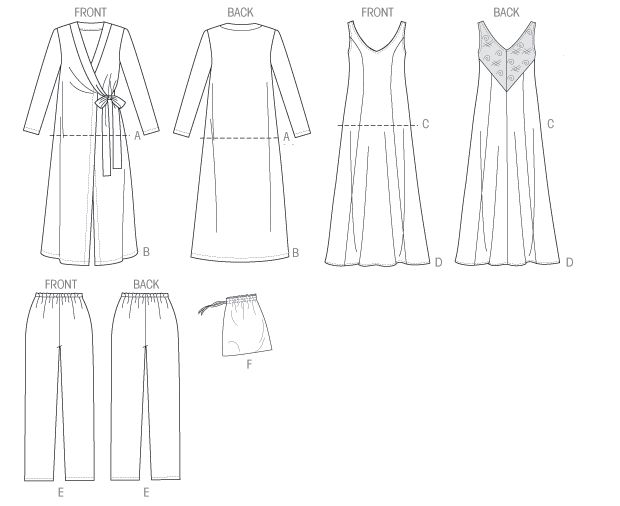 Patron Butterick n°5963 – Ensemble de détente : robe de chambre, haut, chemise de nuit, pantalon et sac