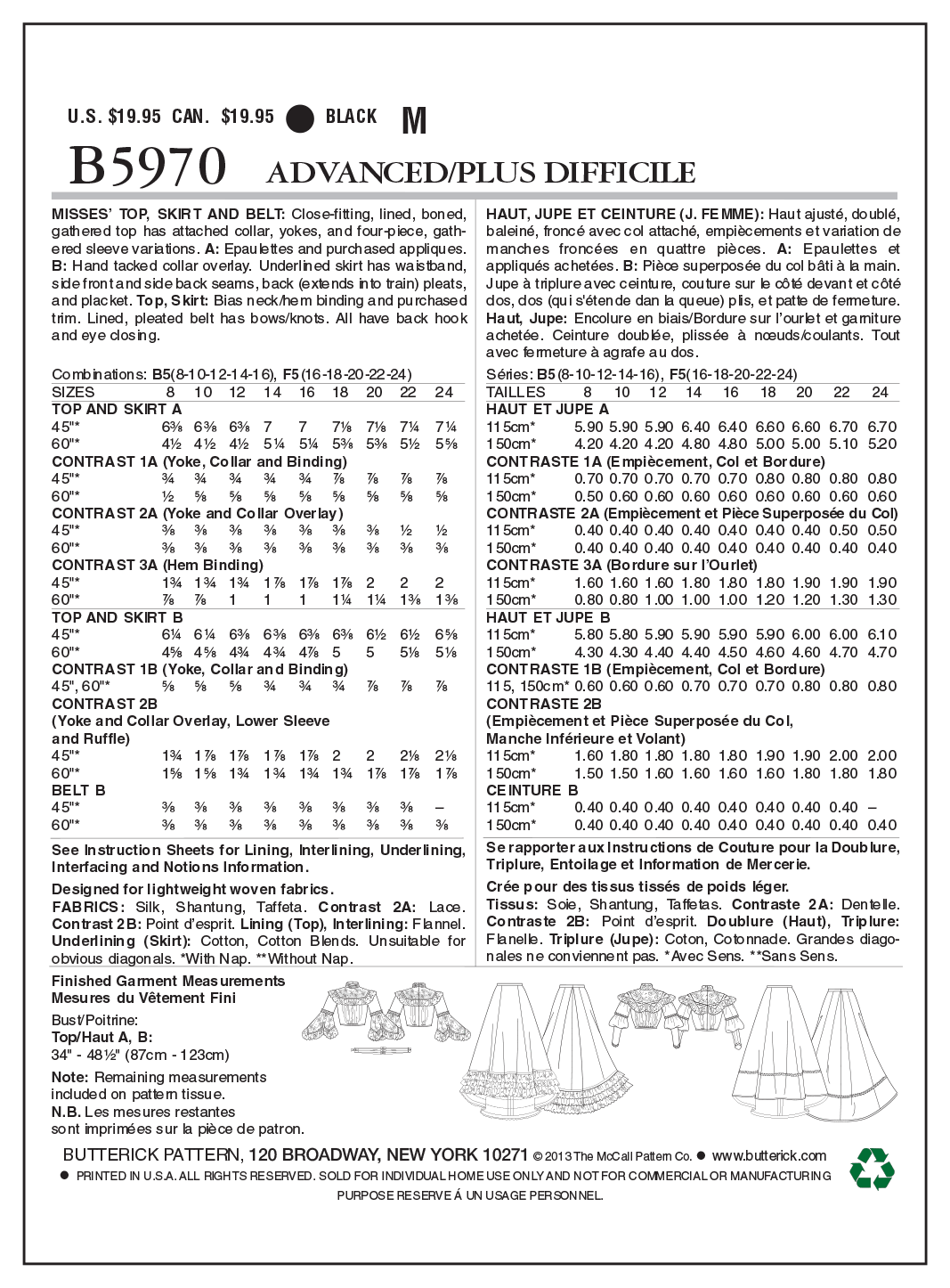 Patron Butterick n°5970 – Ensemble historique : haut ajusté, jupe longue et ceinture