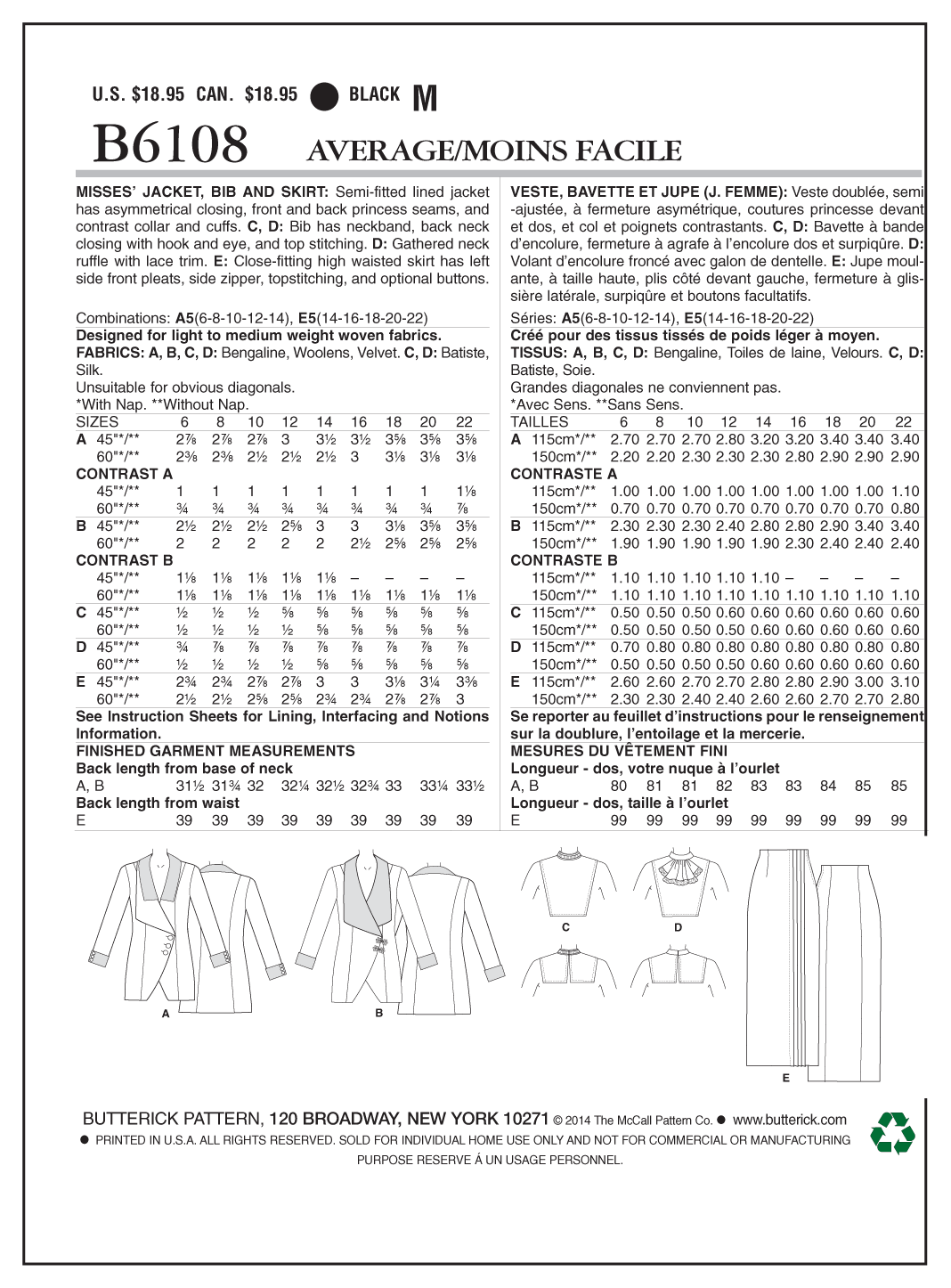 Patron Butterick n°6108 - Veste, bavette et jupe