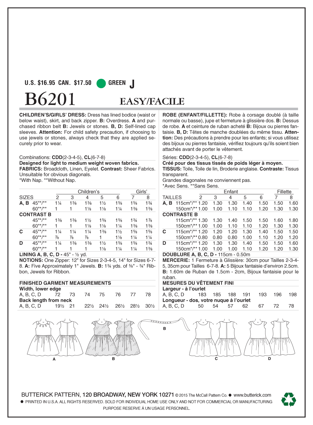 Patron Butterick n°6201 - Robe pour enfants