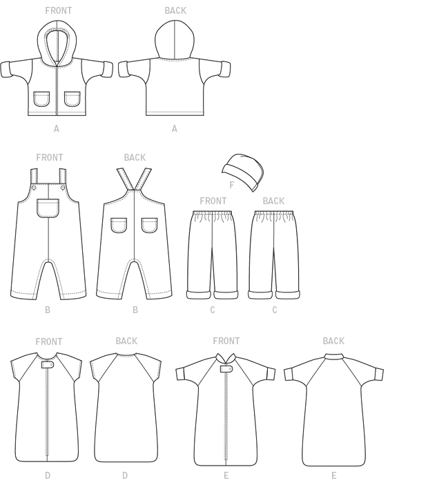 Planches de patrons vestimentaires: A) doudou capuche et veste, B) salopette pantalon, C) short avec bonnet, D) chemise chemisier, E) chemise tunique (avant/arrière).
