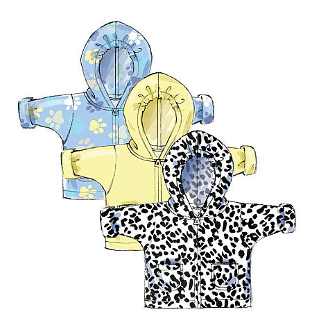Veste polaire imprimée animaux en trois couleurs: bleu, jaune et léopard, capuches et poches.
