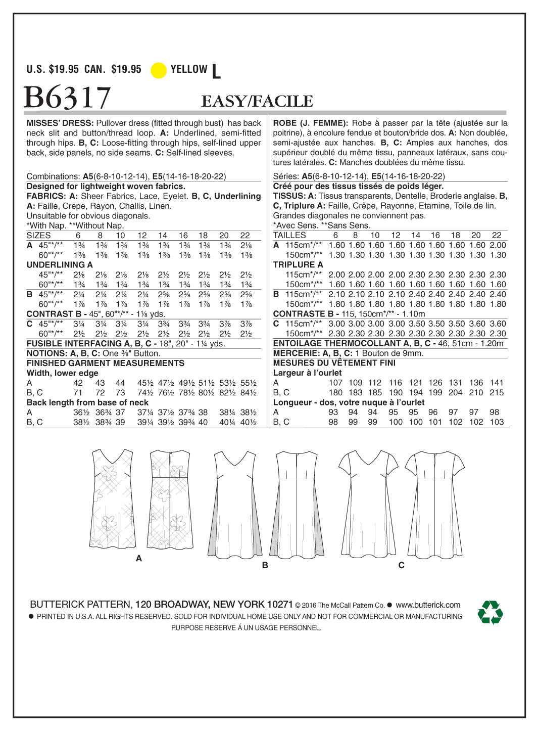 Patron Butterick n°6317 - Robe à encolure en V