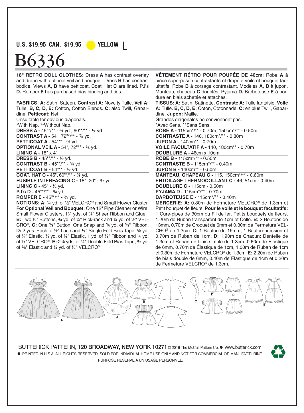 Patron Butterick n°6336 - Tenues rétro pour poupée de 46 cm