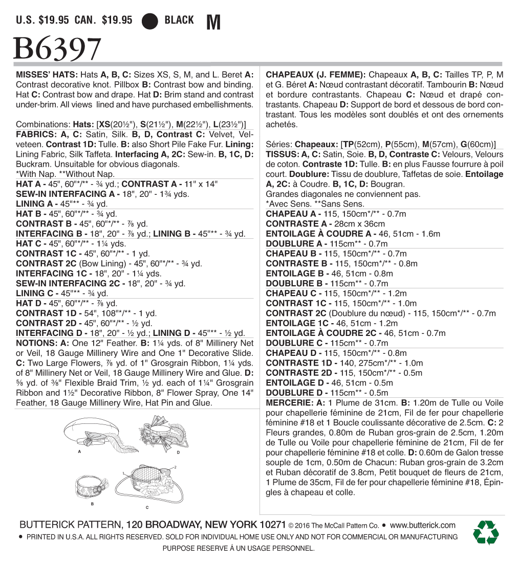 Patron Butterick n°6397 - Chapeaux élégants en quatre styles