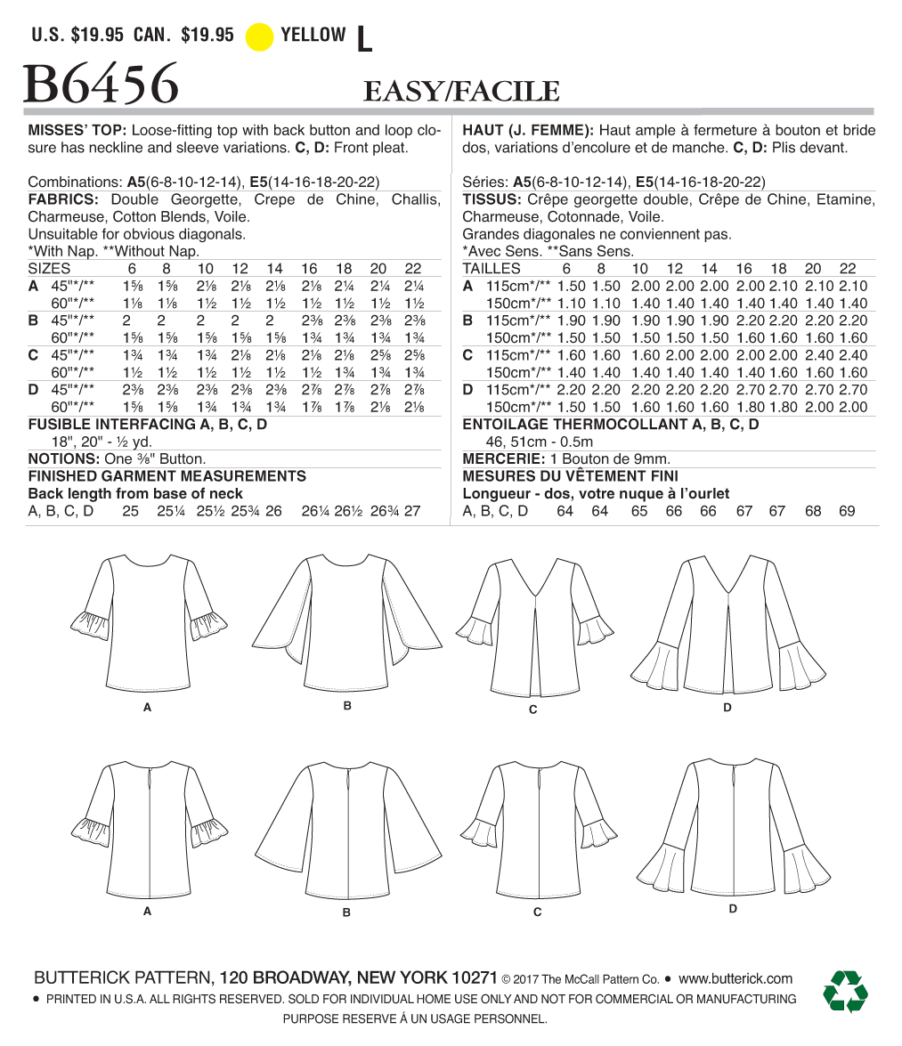 Patron Butterick n°6456 - Haut ample avec manches tulipe ou à volants