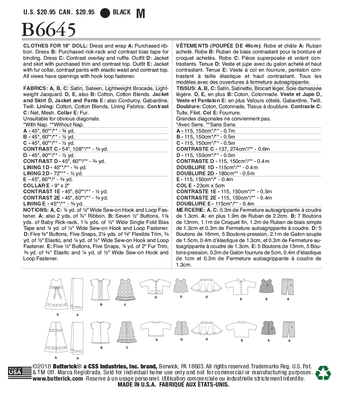 Patron Butterick n°6645 - Vêtements pour poupée de 46 cm