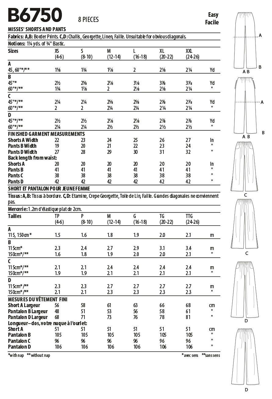 Patron Butterick n°6750 - Shorts et pantalons à taille élastique