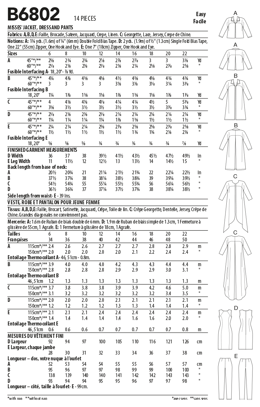 Patron Butterick n°6802 - Veste, robe et pantalon élégants
