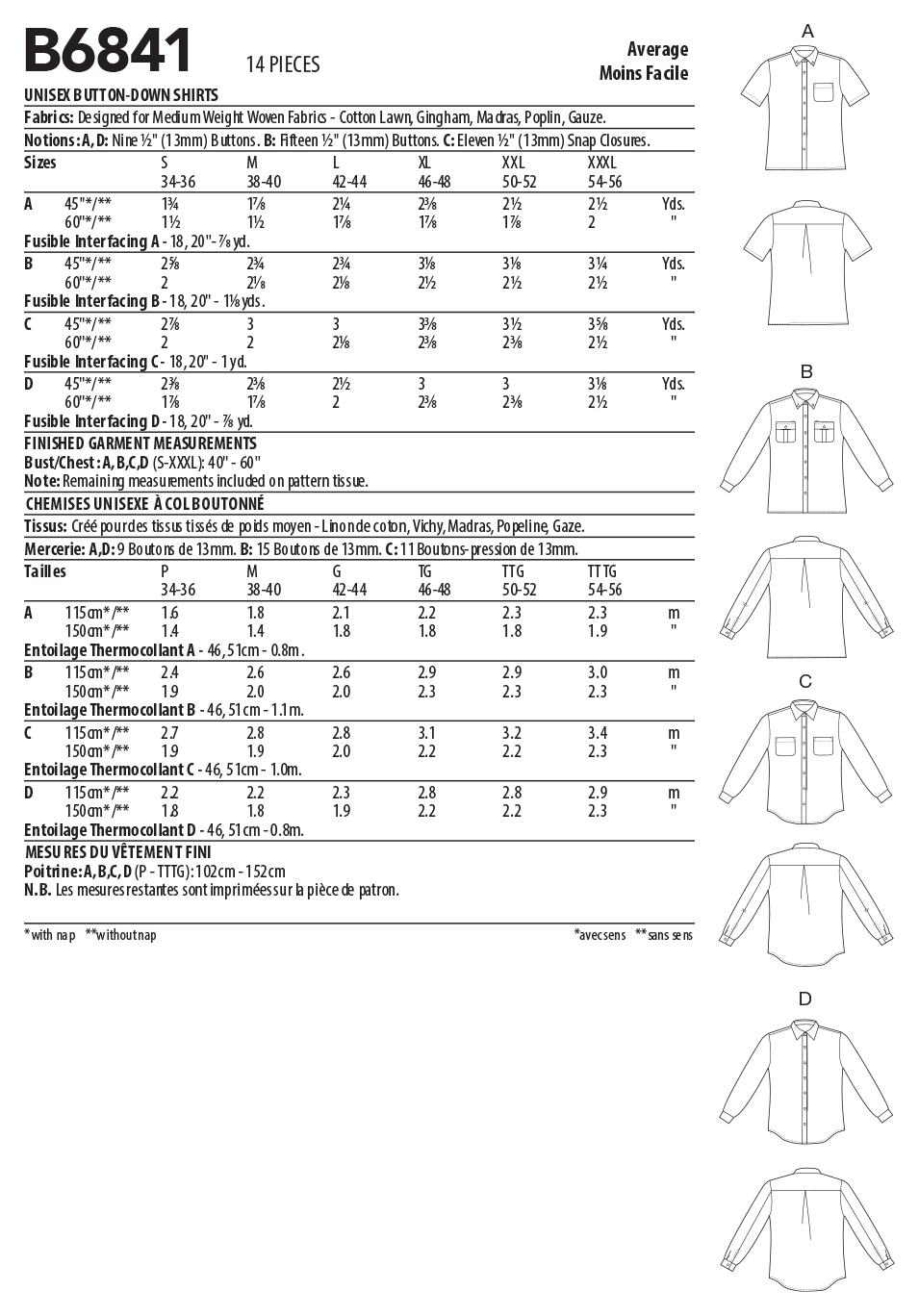 Patron Butterick n°6841 - Chemise unisexe ajustée avec col pointu