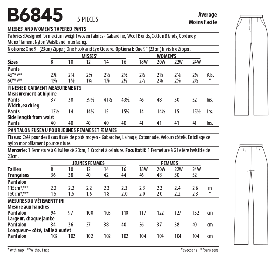Patron Butterick n°6845 - Pantalon fuselé semi-ajusté
