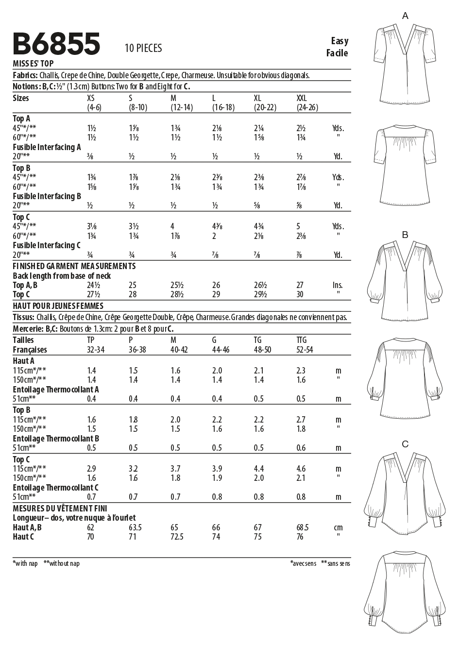 Patron Butterick n°6855 - Haut à encolure en V avec pli central
