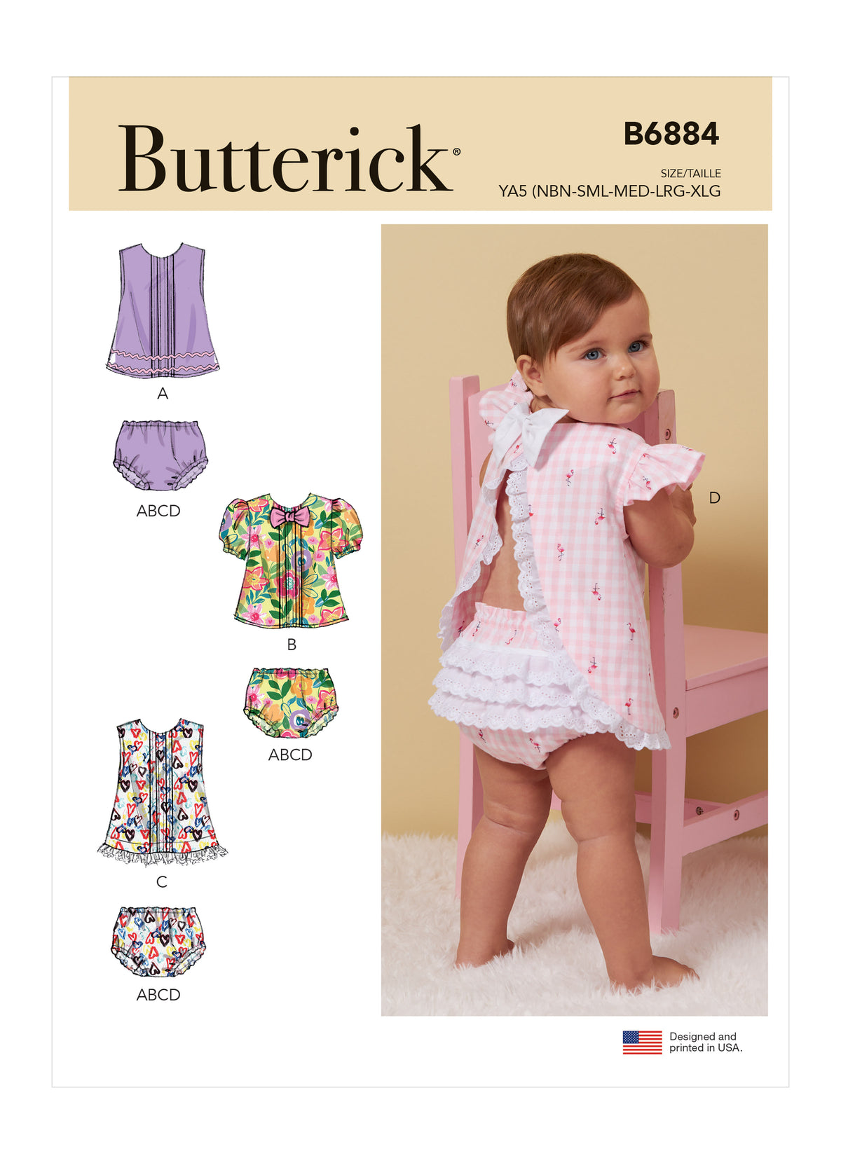 Butterick vêtement bébé inédit: petite fille porte haut et bloomers à froufrous rose, robe imprimée colorée Détails A, B, C et D visibles sur le panneau à gauche et modèle principal sur fond beige.