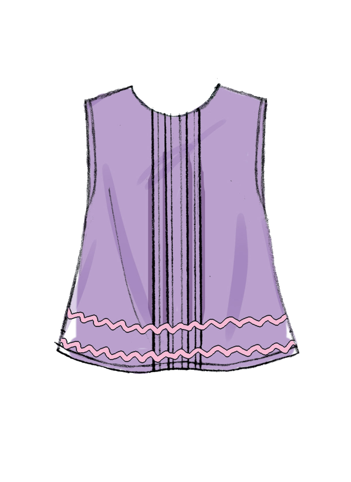 Chemise sans manches violette avec empiècements noirs au centre et bordure froncée rose pâle.